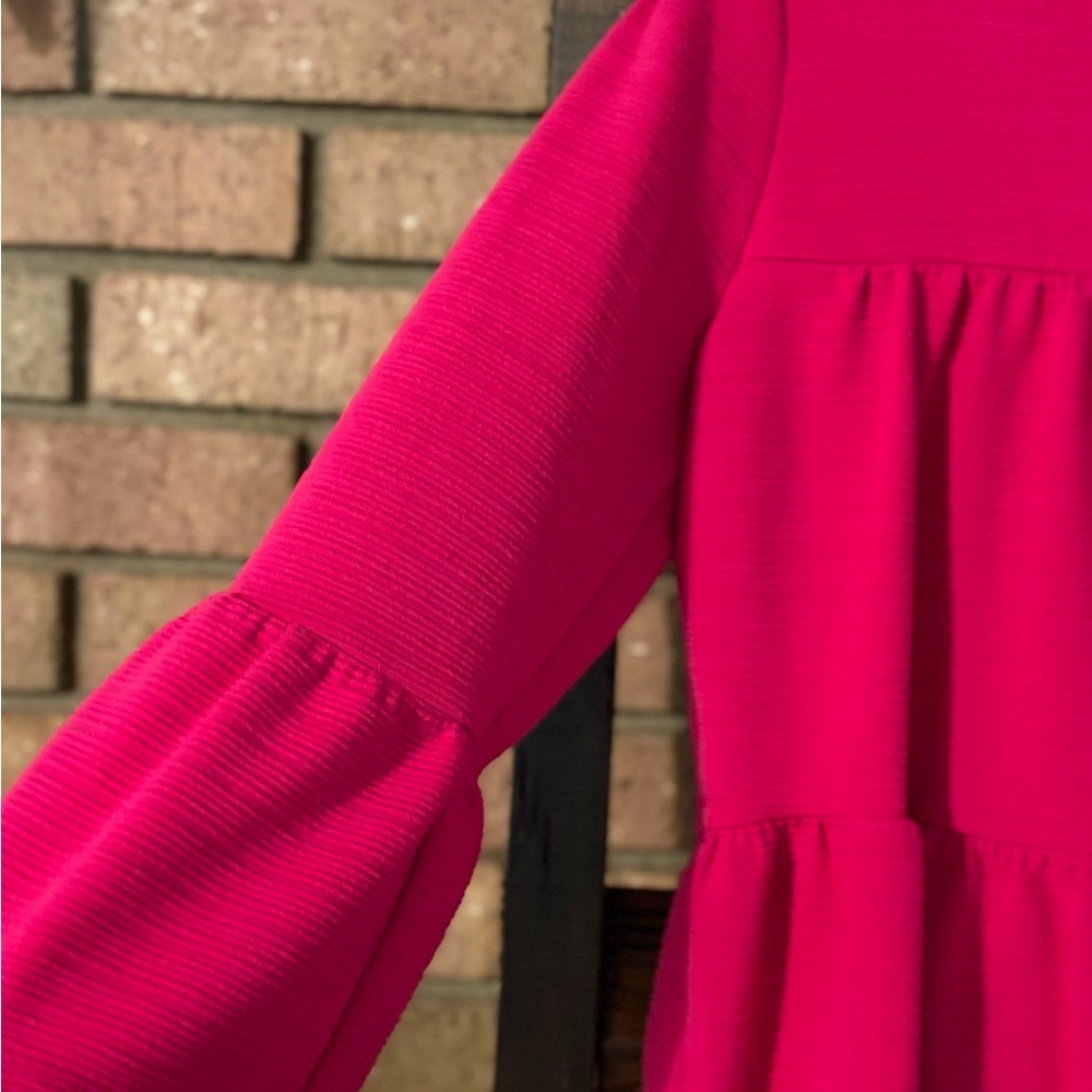 J. Crew Berry Pink Tiered Bell Sleeve Blouse | Textured Babydoll Top | Women’s - Picture 6 of 7